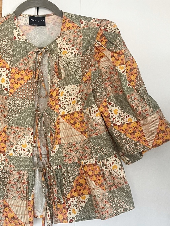 ASOS DESIGN Cotton Poplin Tie Front Patchwork Cottagecore Puff Sleeve Top XS - Picture 5 of 5